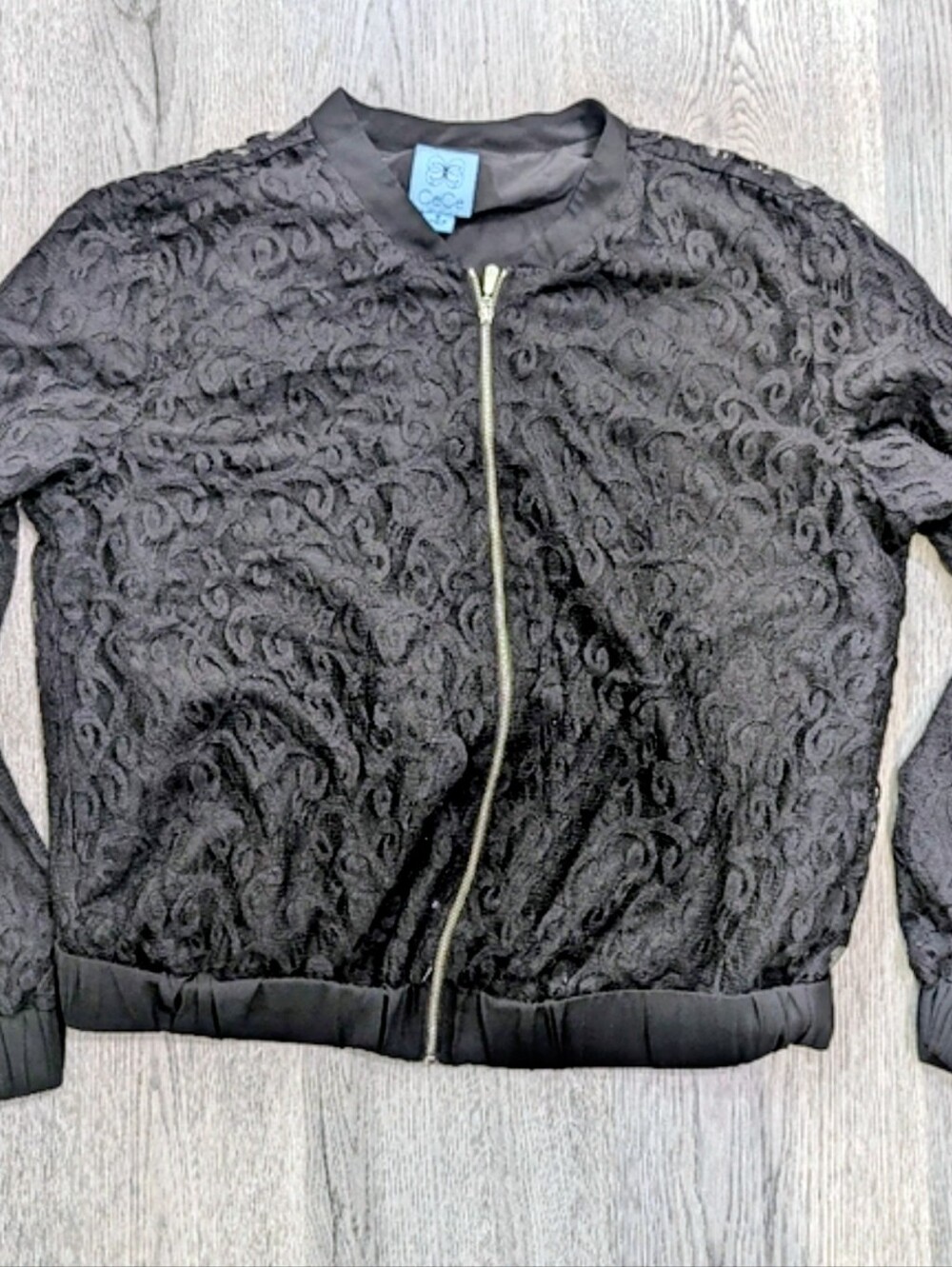 Black Sheer Lace Bomber Jacket Romantic Goth Layering Medium